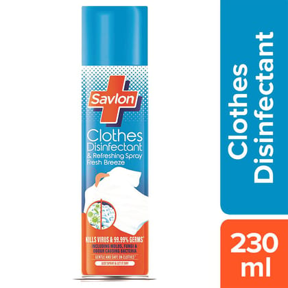 Savlon Clothes Disinfectant and Refreshing Spray 230 ml,Fresh Breeze Fragrance,Safe on Clothes,Just Spray and Let Dry, No Water Needed, Kills Virus and 99.99% germs including odour causing bacteria